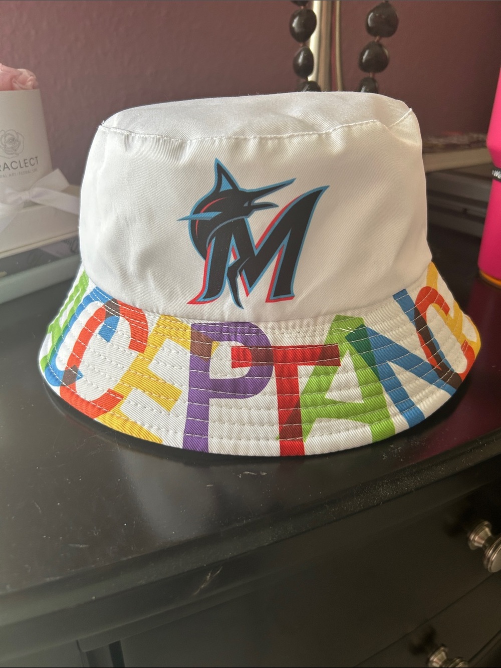 Miami Marlins White Rainbow Logo Bucket Hat